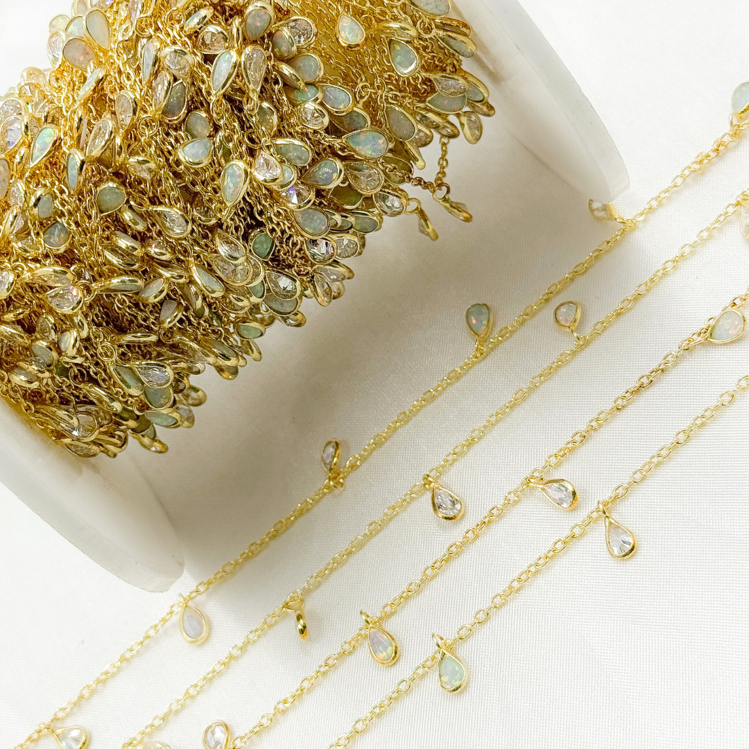 Created White Opal + CZ Pear Shape Dangle Chain