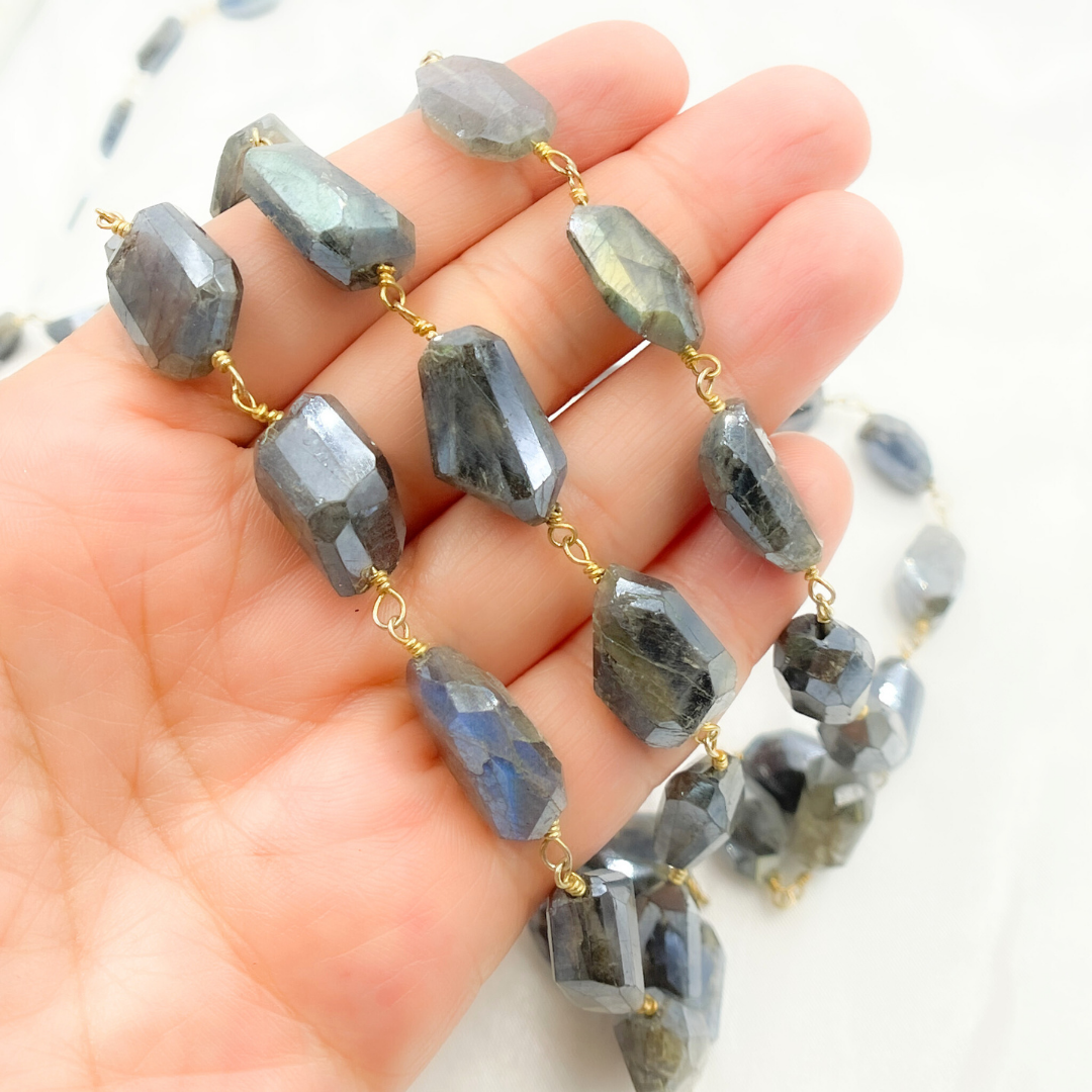 Coated Labradorite Organic Shape Gold Plated Wire Chain