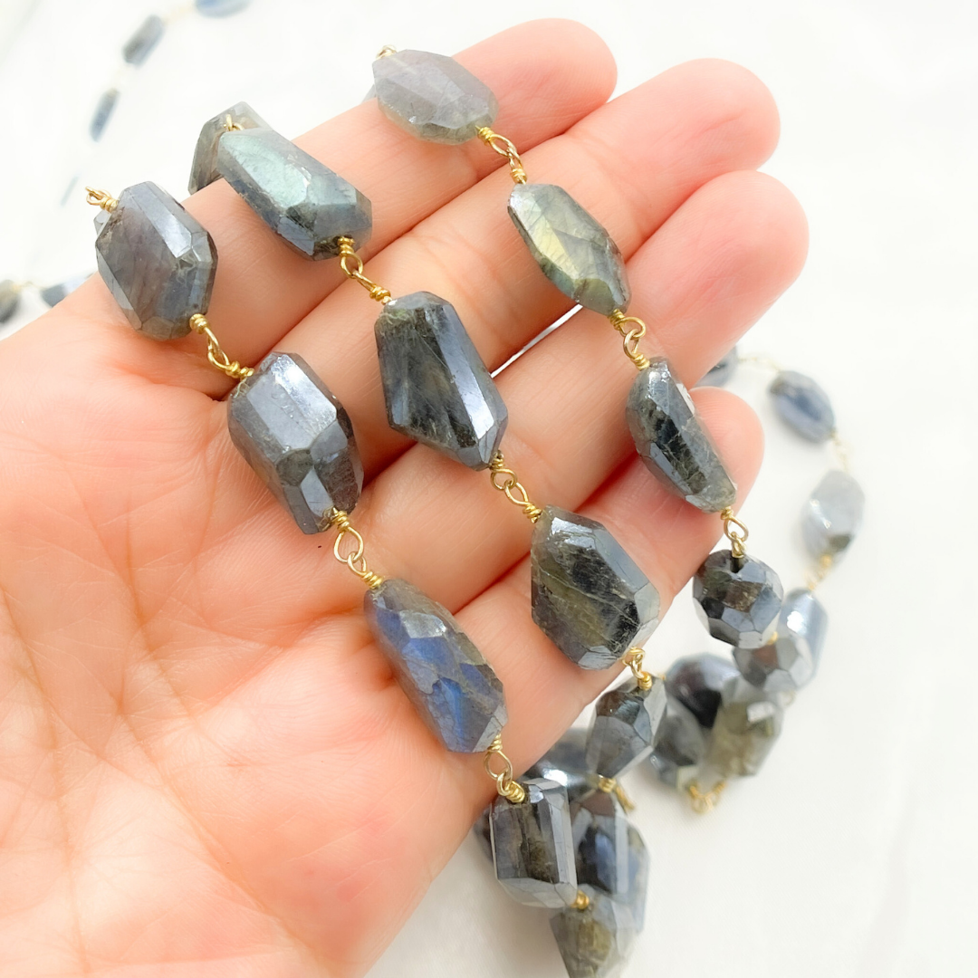 Coated Labradorite Organic Shape Gold Plated Wire Chain. CLB1