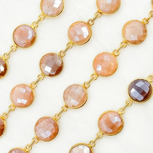 Coated Peach Moonstone Round Shape Bezel Gold Plated Wire Chain.
