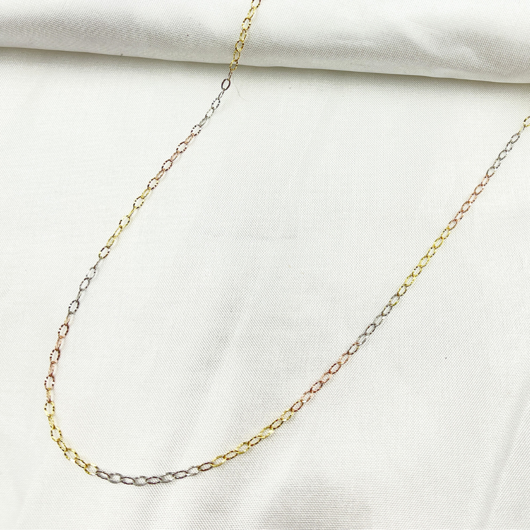 030FVBF223H. 14k Solid Tri-Color Gold Diamond Cut Cable Link Chain