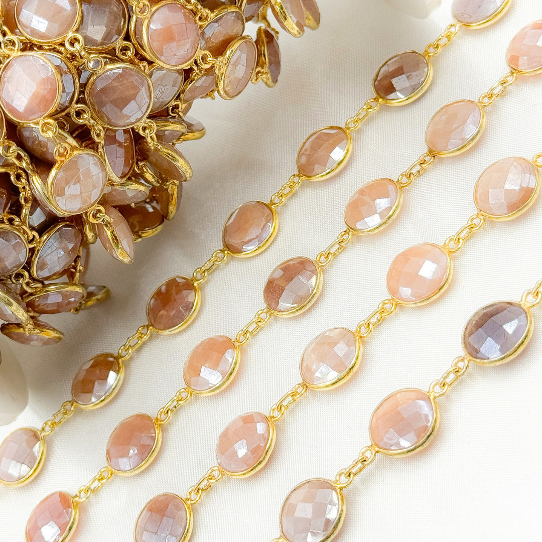 Coated Peach Moonstone Round Shape Bezel Gold Plated Wire Chain. CMS5