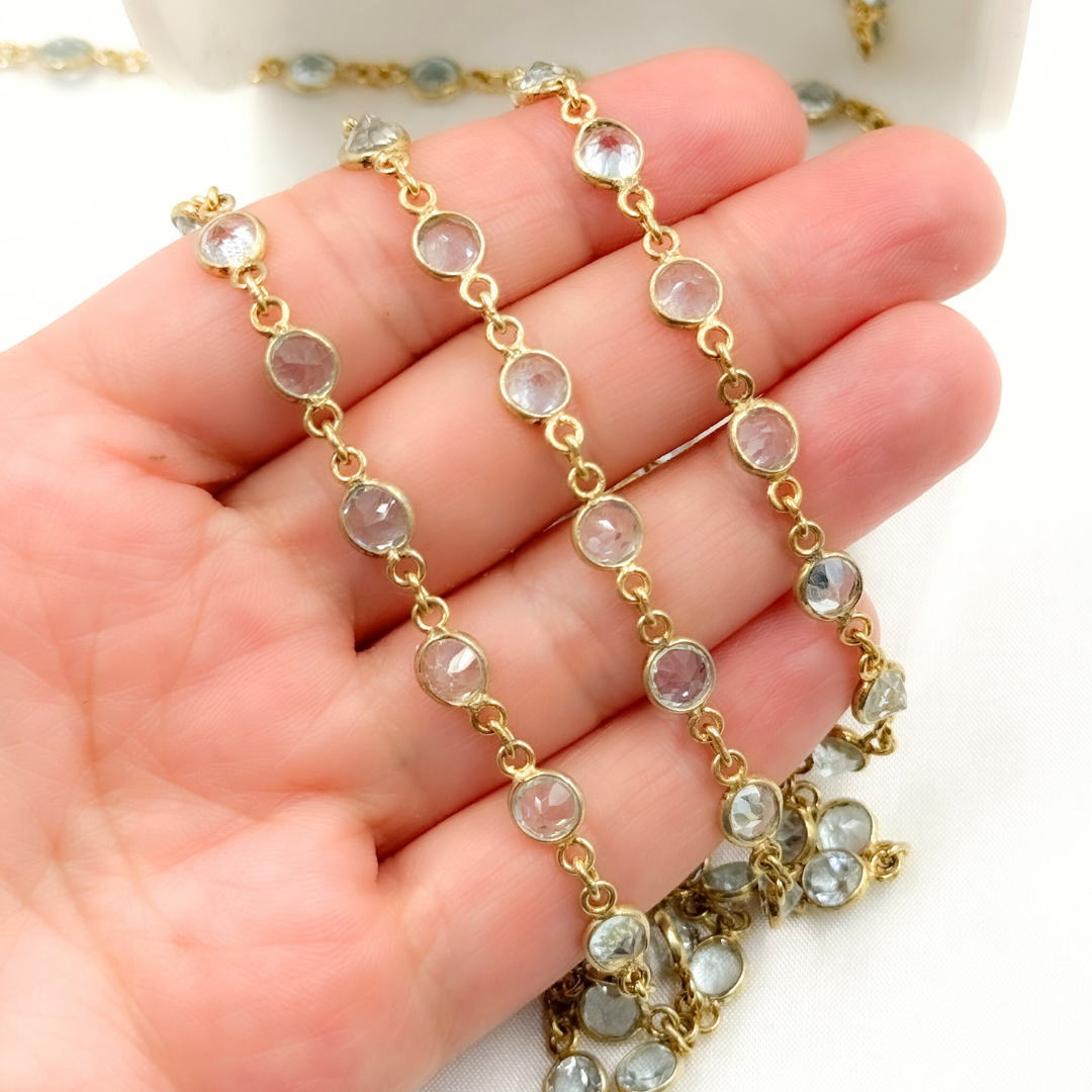 Sky Blue Topaz Round Shape Bezel Gold Plated Wire Chain