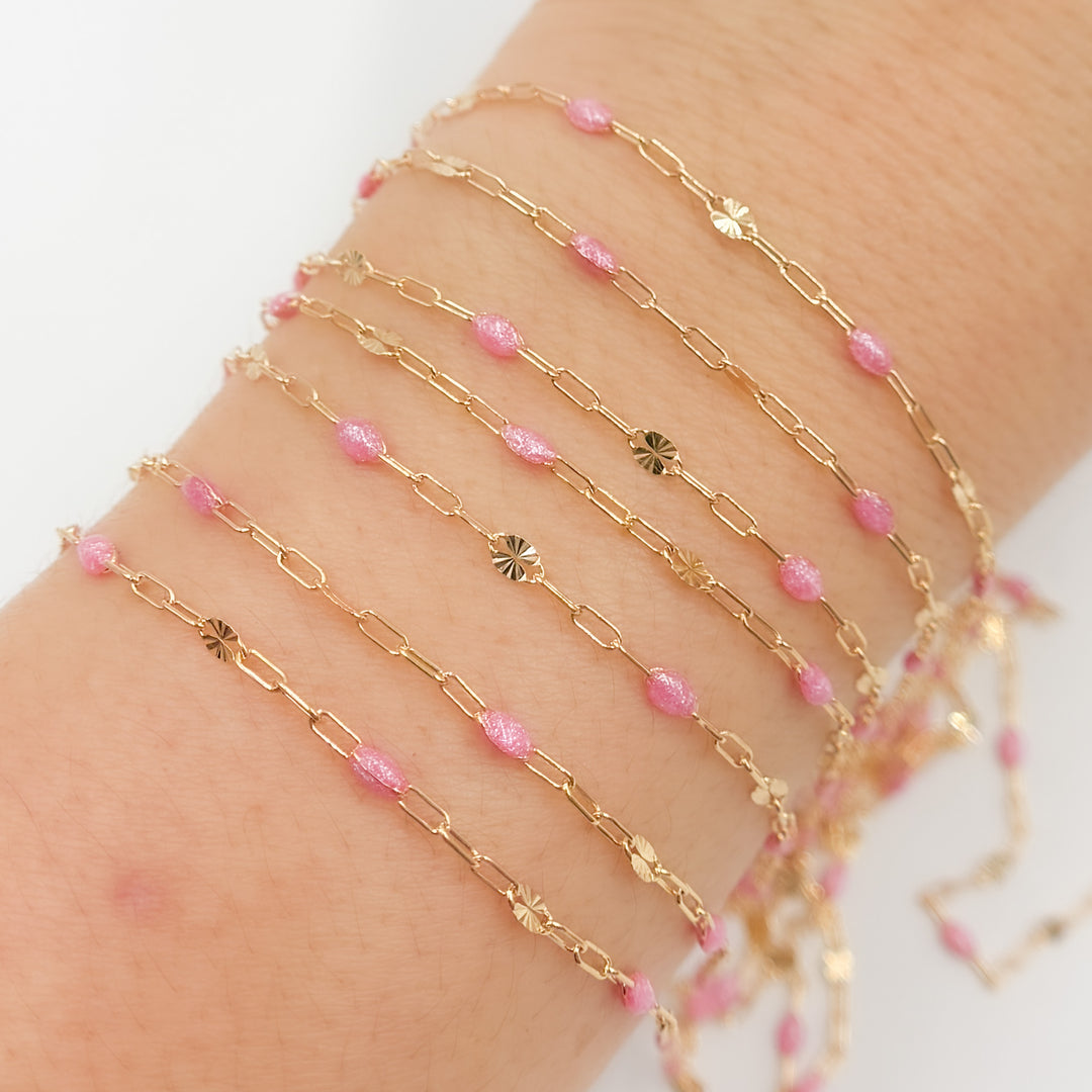 V295RSGF. 14K Gold Filled Rose Color Enamel with Paperclip and Diamond Cut Marina Links
