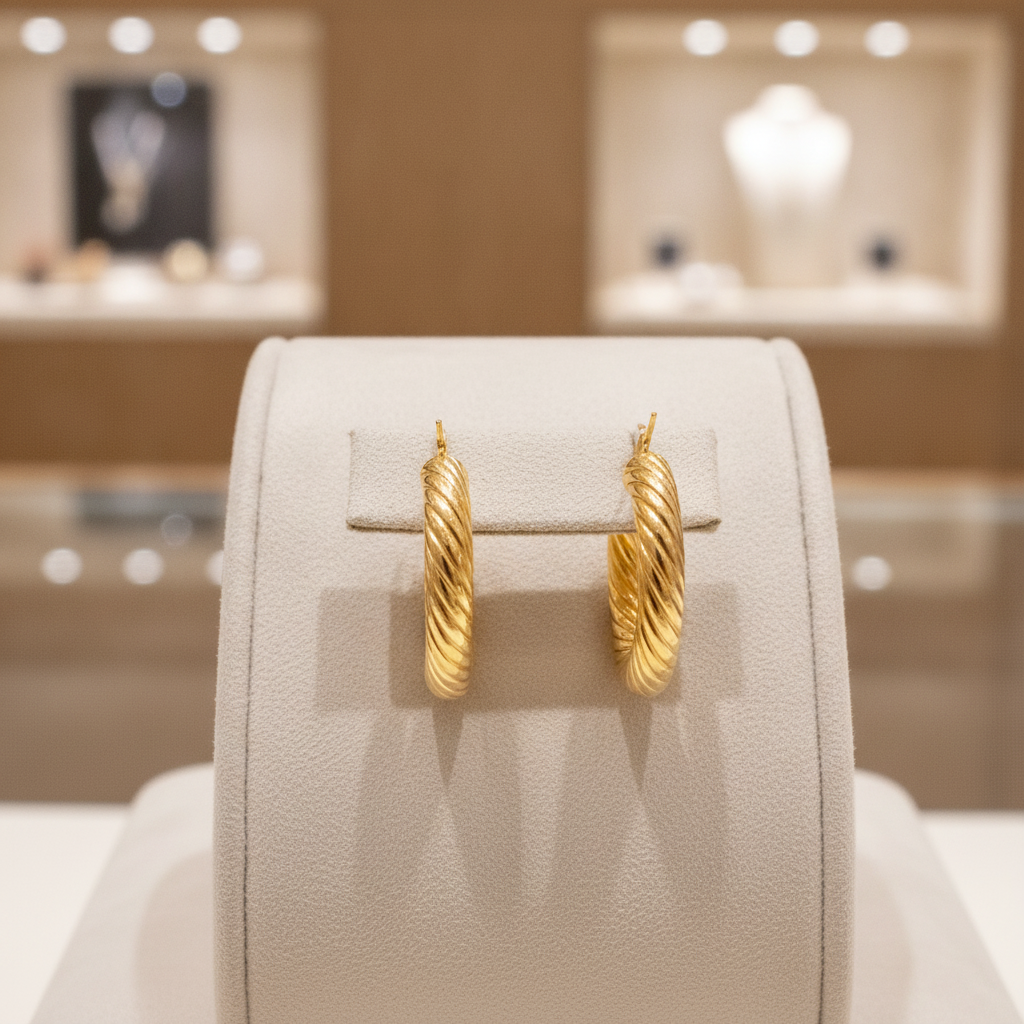 15850018594. 14K Solid Gold Twisted Round Hollow Hoop Earrings