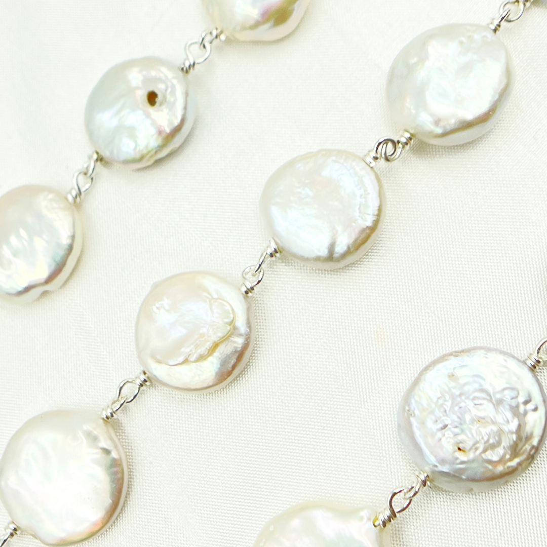 Coin Shape Freshwater Pearl Wire Wrap Chain