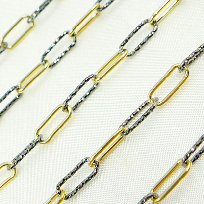 Black Rhodium & Gold Plated 925 Sterling Silver Smooth & Diamond Cut Paperclip Chain