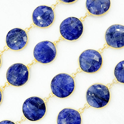Dyed Sapphire Round Shape Bezel Gold Plated Wire Chain.