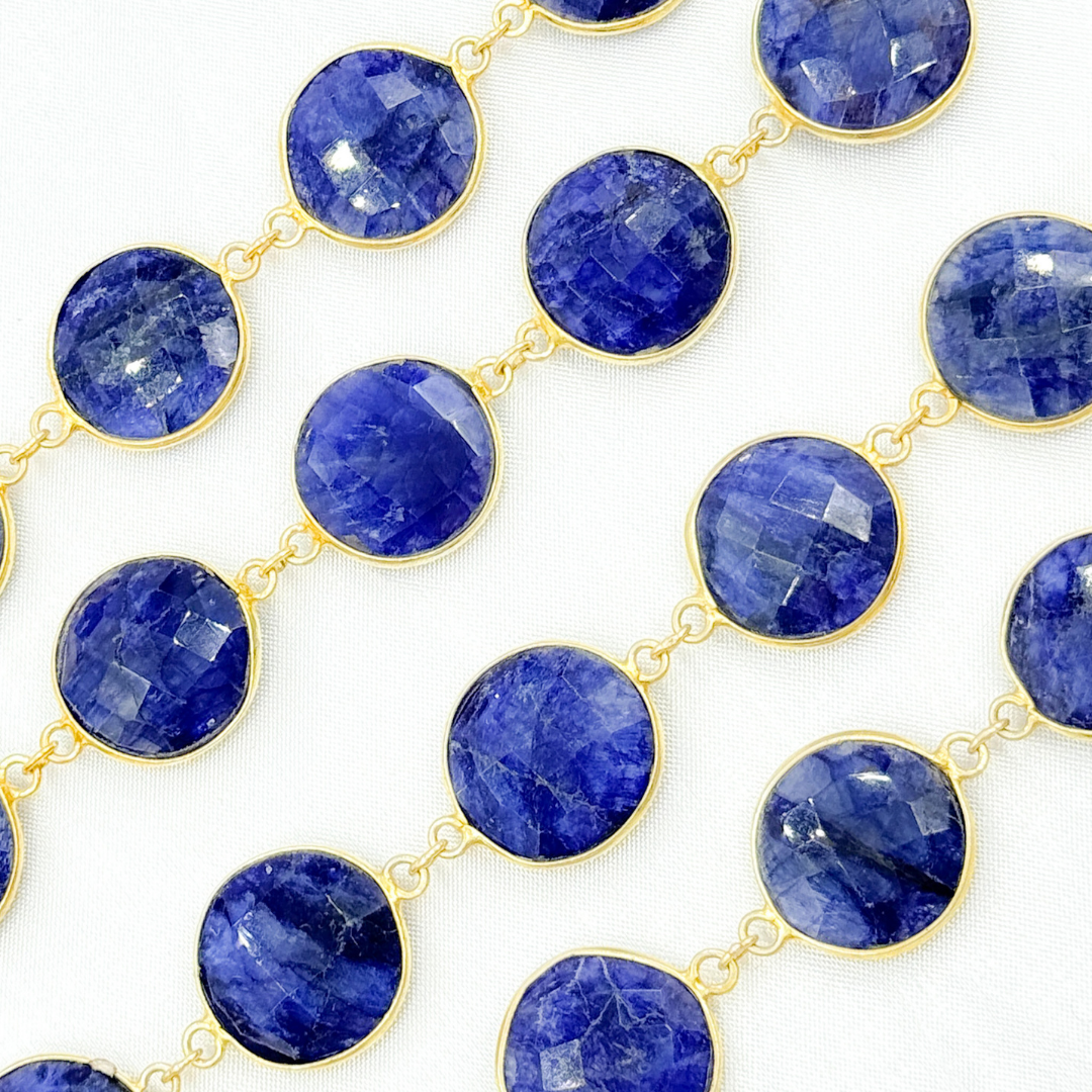 Dyed Sapphire Round Shape Bezel Gold Plated Wire Chain. SAP13