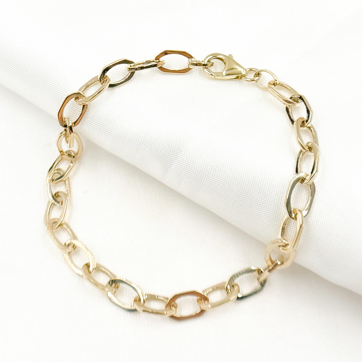 14K Solid Hollow Gold Flat Oval Link Bracelet