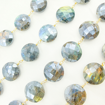 Coated Labradorite Coin Shape Gold Plated Wire Chain