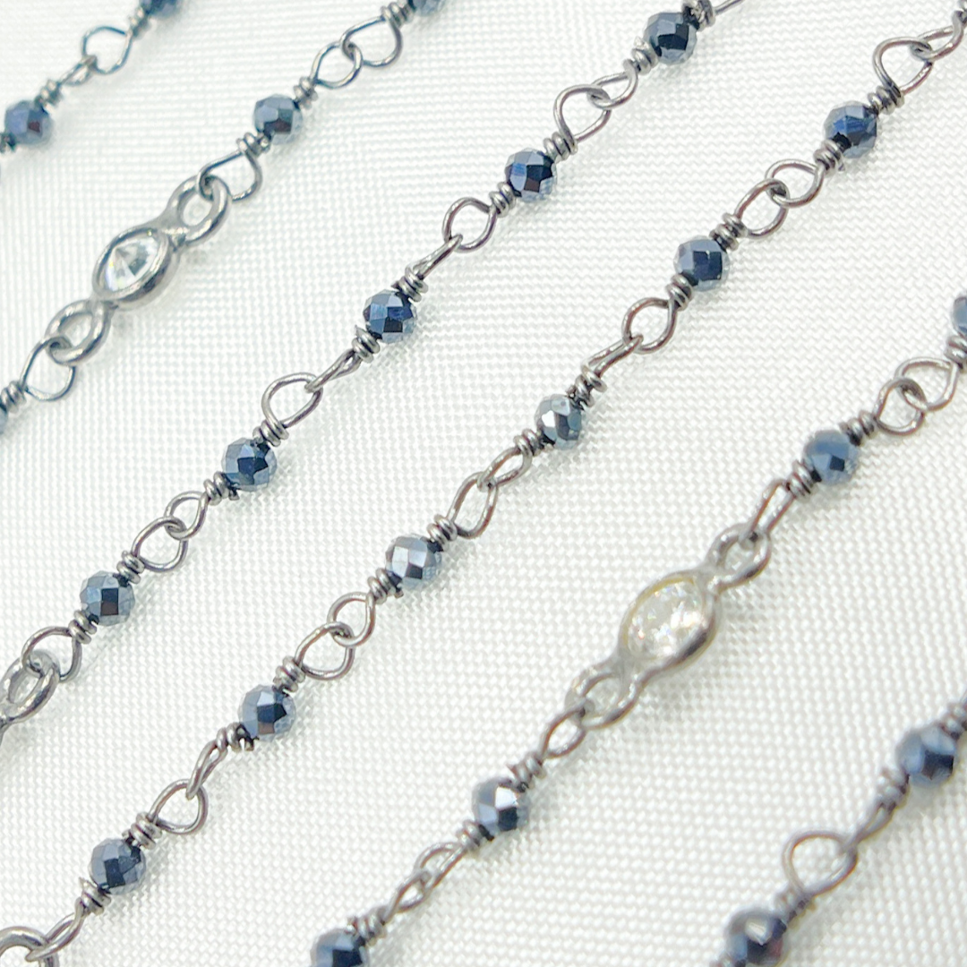 Coated Black Spinel & Round CZ Wire Wrap Chain