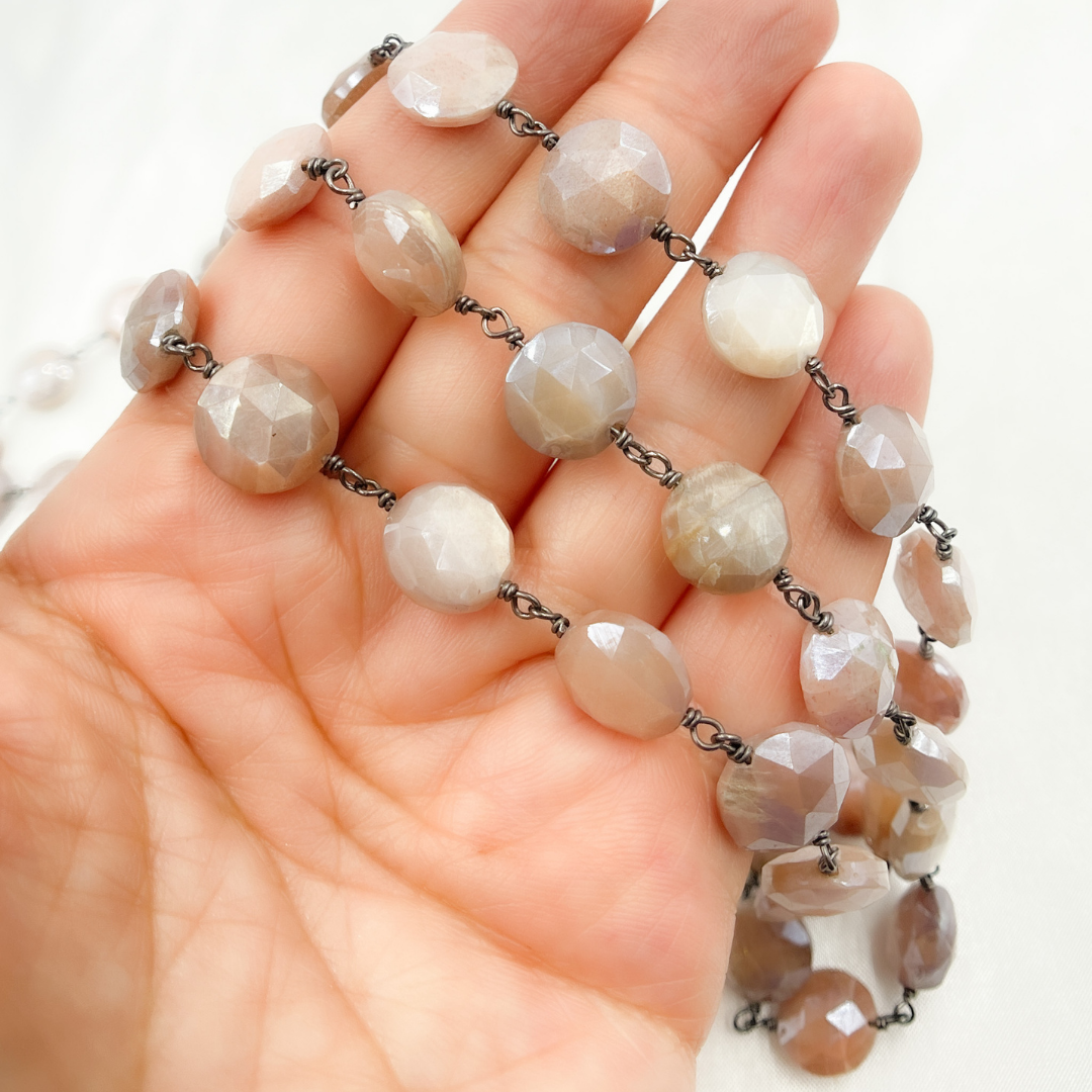 Coated Taupe Coin Shape Moonstone Oxidized 925 Sterling Silver Wire Chain.