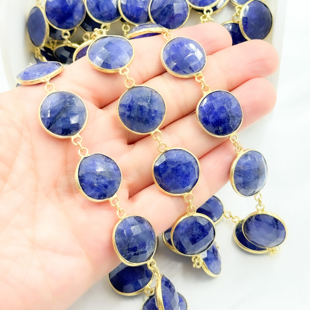 Dyed Sapphire Round Shape Bezel Gold Plated Wire Chain