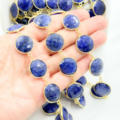 Dyed Sapphire Round Shape Bezel Gold Plated Wire Chain