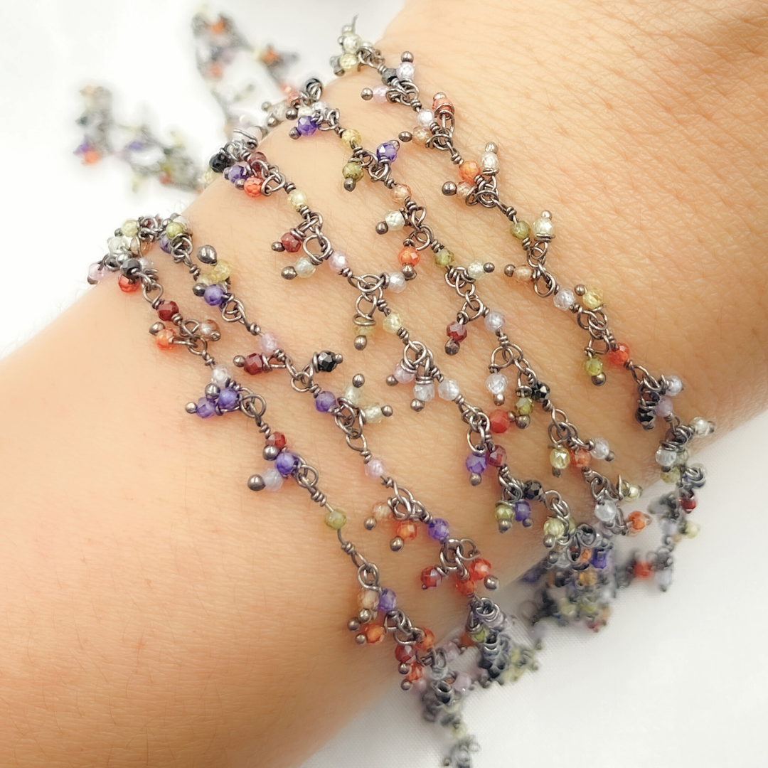 Multi Color CZ Cluster Dangle Oxidized Wire Chain