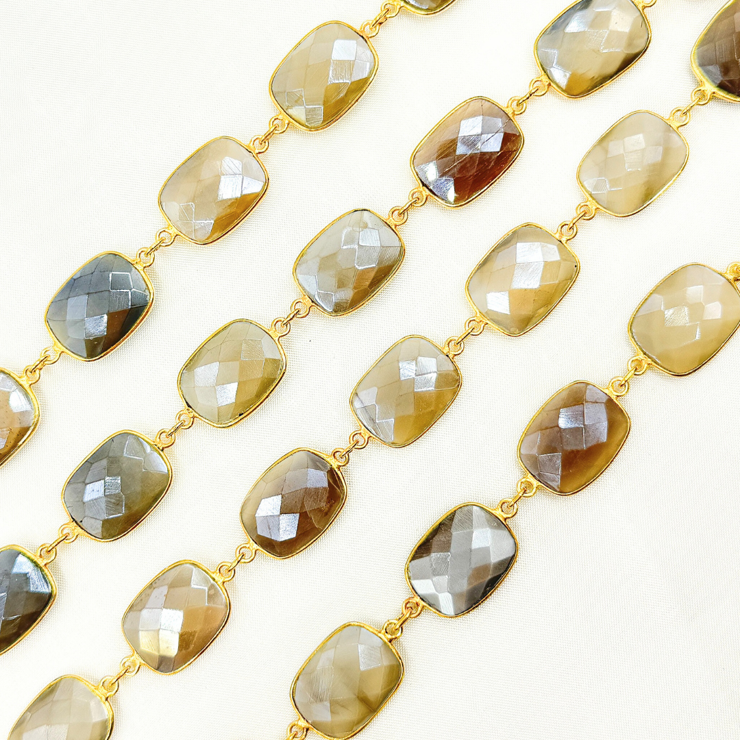 Coated Grey Moonstone Rectangular Shape Bezel Gold Plated Silver Wire Chain