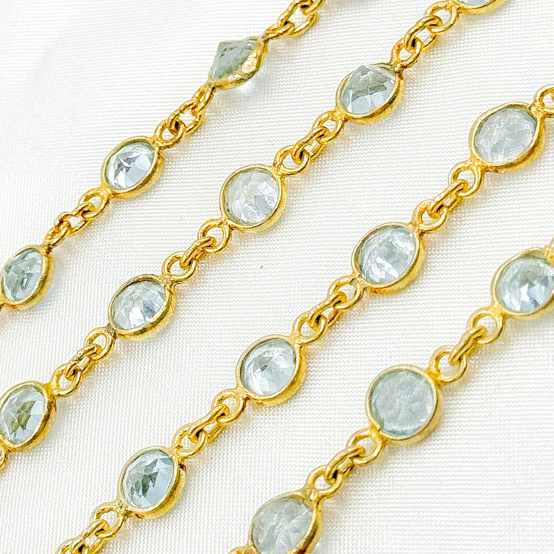 Sky Blue Topaz Round Shape Bezel Gold Plated Wire Chain
