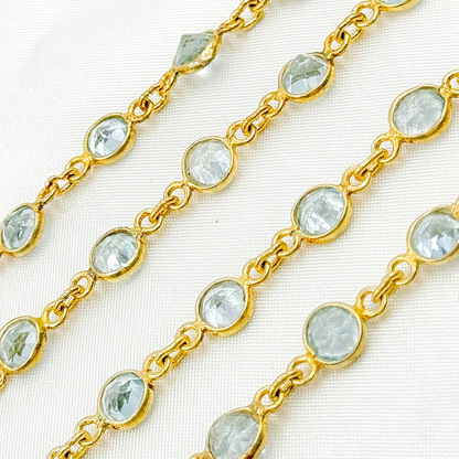 Sky Blue Topaz Round Shape Bezel Gold Plated Wire Chain