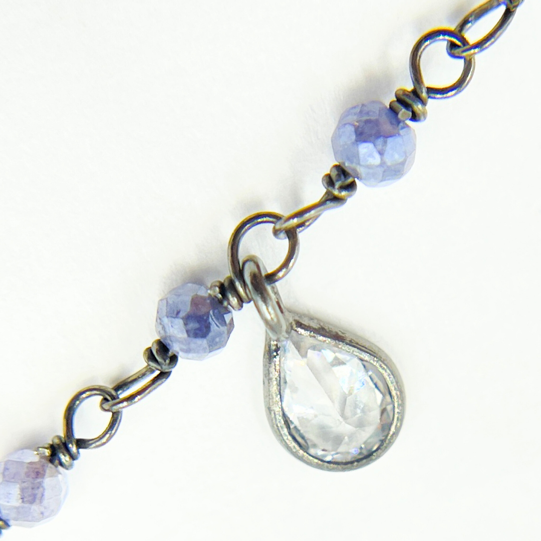 Coated Blue Moonstone & CZ Dangle Oxidized Wire Chain