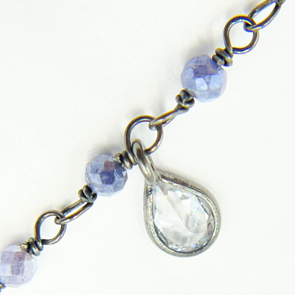 Coated Blue Moonstone & CZ Dangle Oxidized Wire Chain