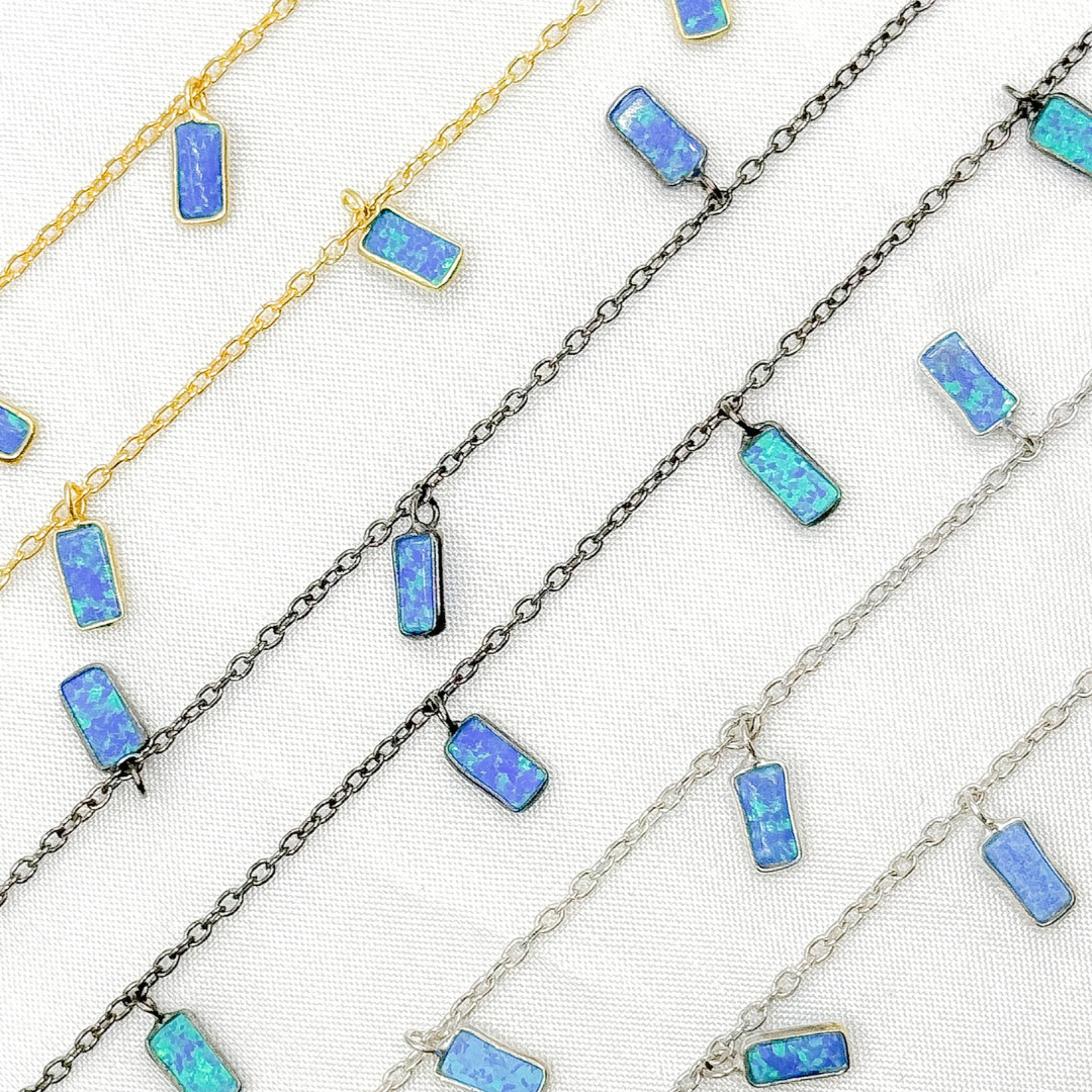 Created Blue Opal Rectangular Shape Dangle Chain.