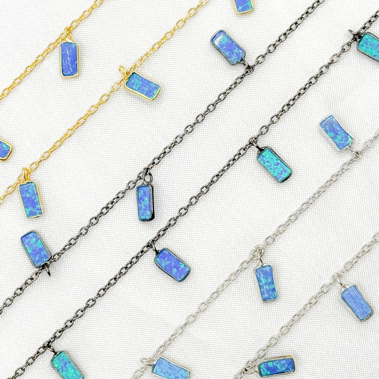 Created Blue Opal Rectangular Shape Dangle Chain.