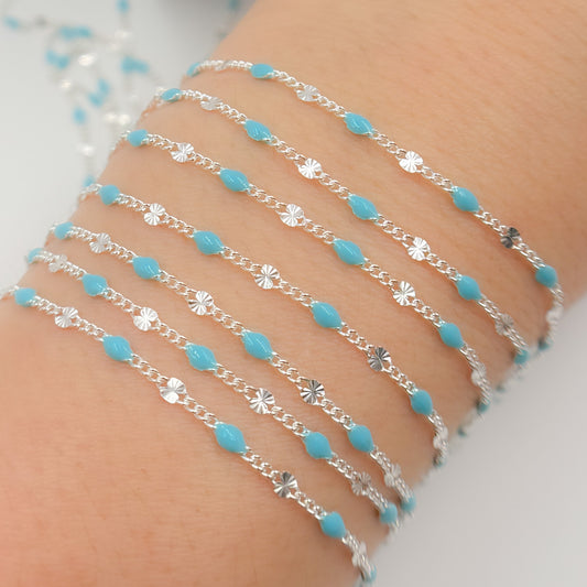 Sterling Silver Turquoise Color Enamel  Marina Link Chain