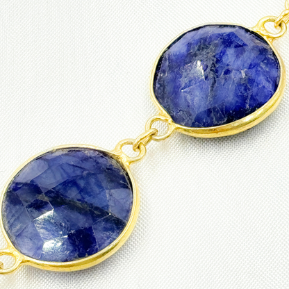 Dyed Sapphire Round Shape Bezel Gold Plated Wire Chain