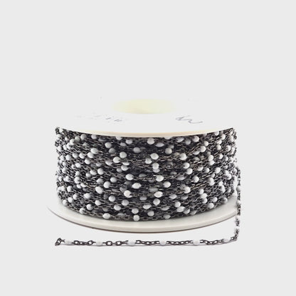 V203WTOX. Oxidized Sterling Silver Enamel White Color Cable Chain