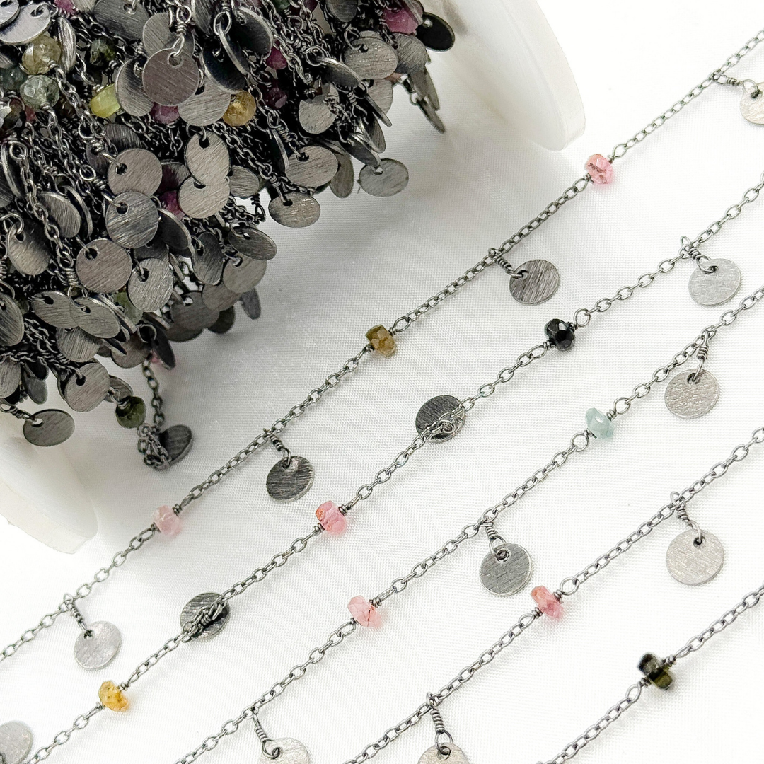 Multi Tourmaline and Dangle Disc Oxidized Wire Chain.
