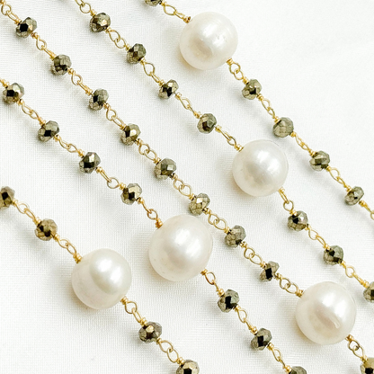 Pyrite & Pearl Gold Plated 925 Sterling Silver Wire Chain.