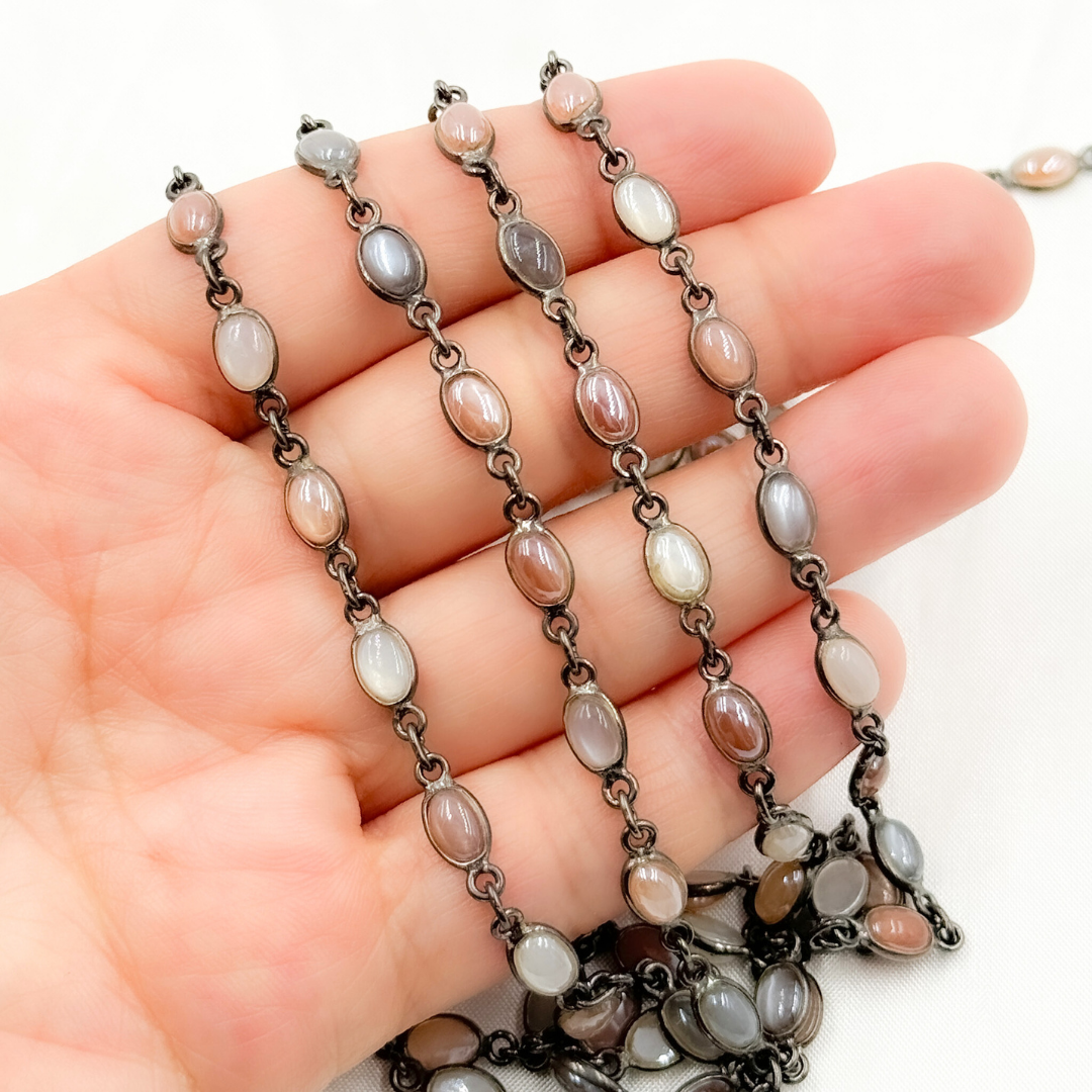 Coated Multi Moonstone Oval Shape Bezel Oxidized Wire Chain