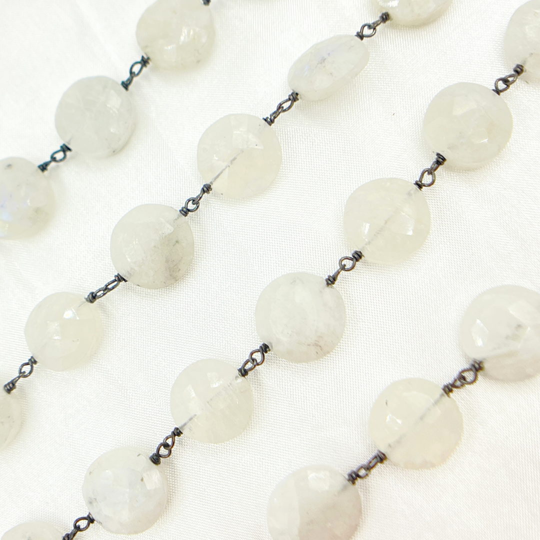 White Moonstone Coin Shape Oxidized Wire Chain.