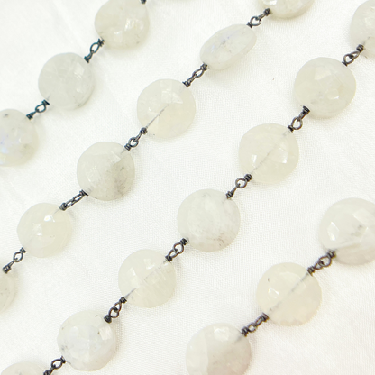 White Moonstone Coin Shape Oxidized Wire Chain.