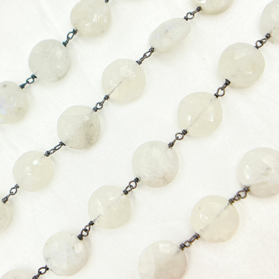 White Moonstone Coin Shape Oxidized Wire Chain. WMS32