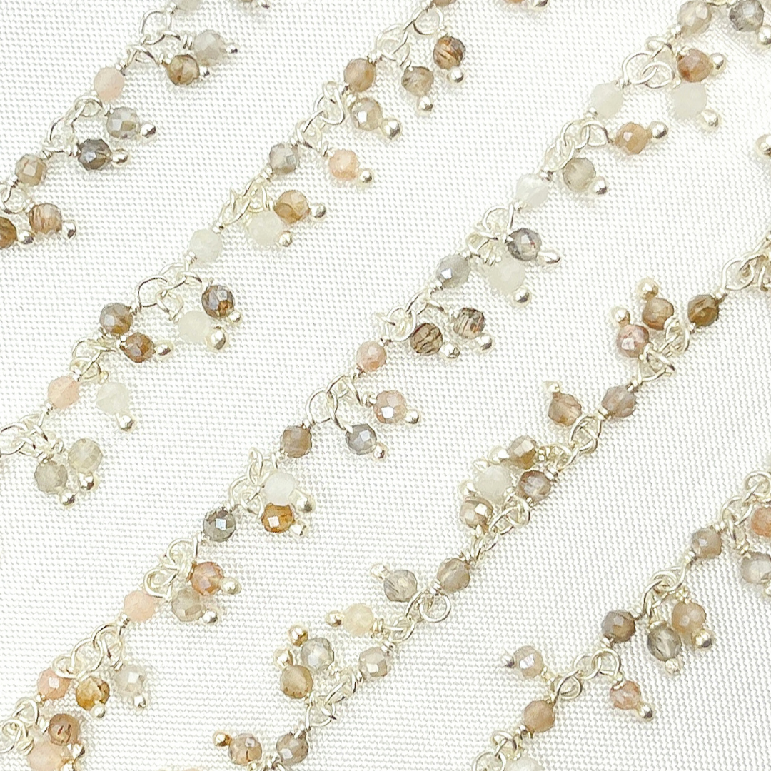 Coated Multi Moonstone Cluster Dangle 925 Sterling Silver Wire Chain. CMS94