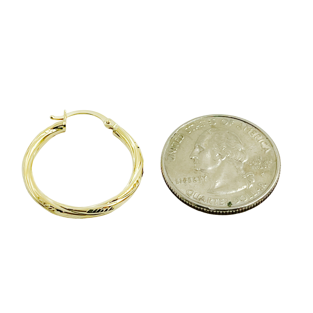 14K Gold Hoop Earrings with Engraved Tornado Design. 