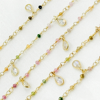 Multi Tourmaline & CZ Dangle Gold Plated Wire Chain