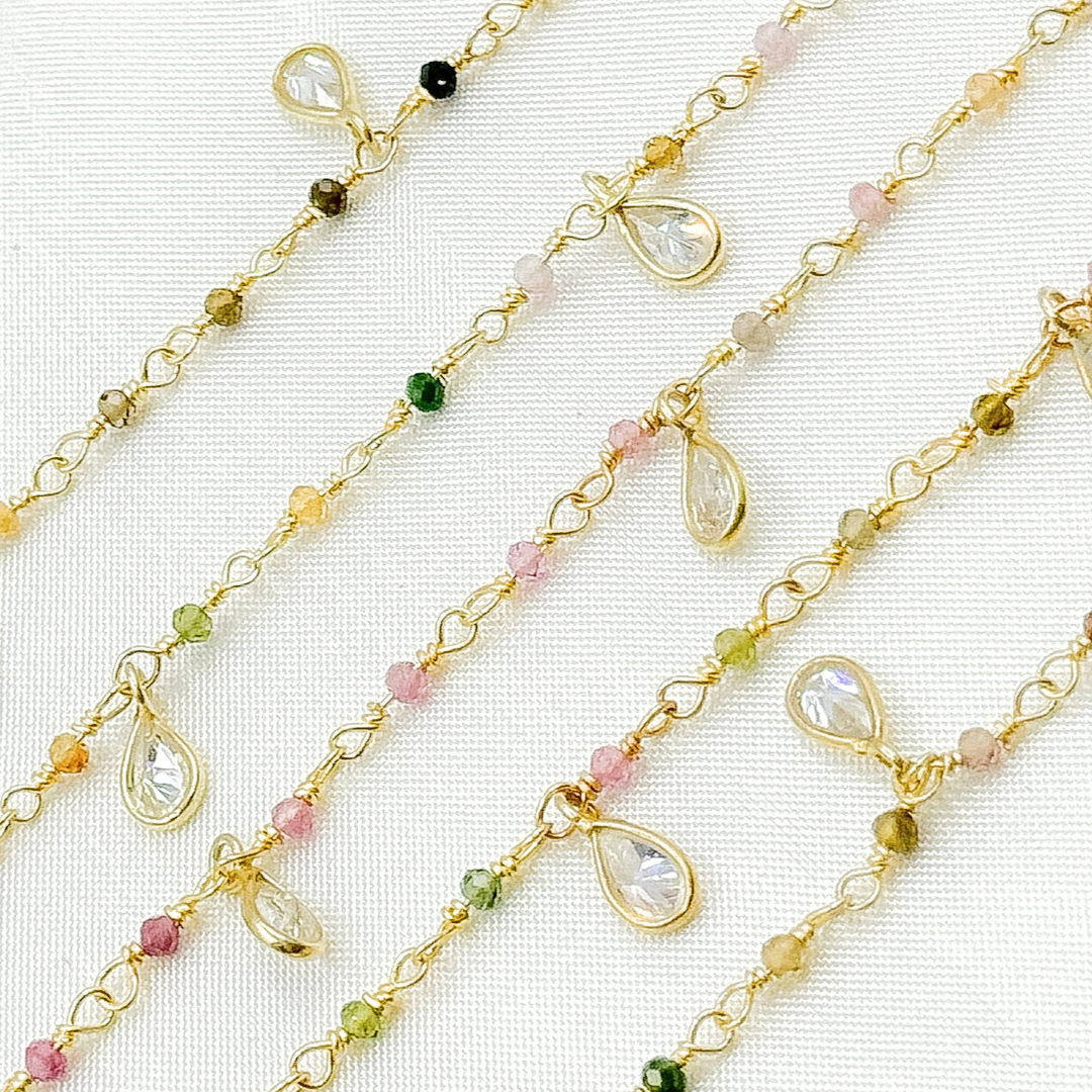 Multi Tourmaline & CZ Dangle Gold Plated Wire Chain. MTO17