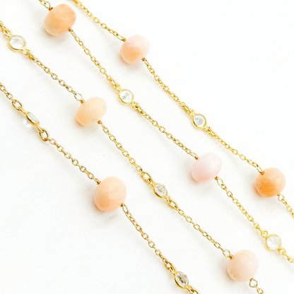 Pink Opal Rondel Shape & White Topaz Gold Plated Connected Wire Chain.