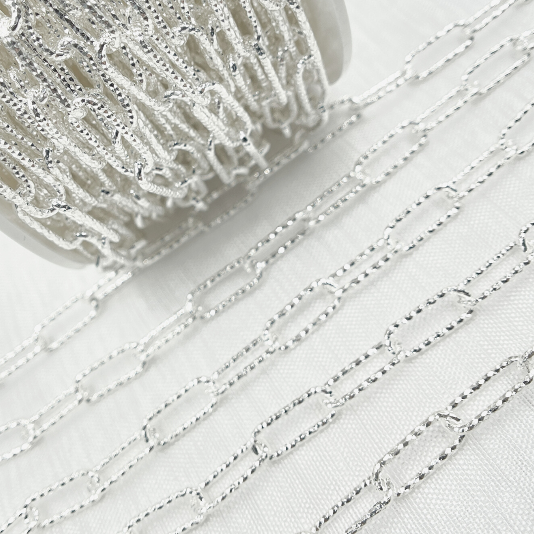 925 Sterling Silver Paperclip Diamond Cut Link Chain. 