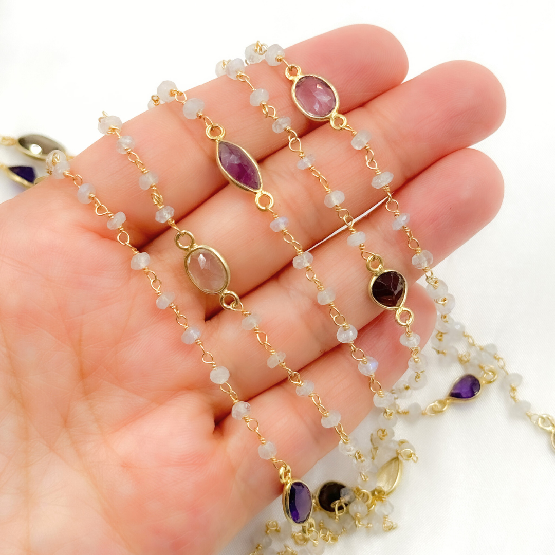 White Moonstone & Multi Stone Gold Plated Wire Chain