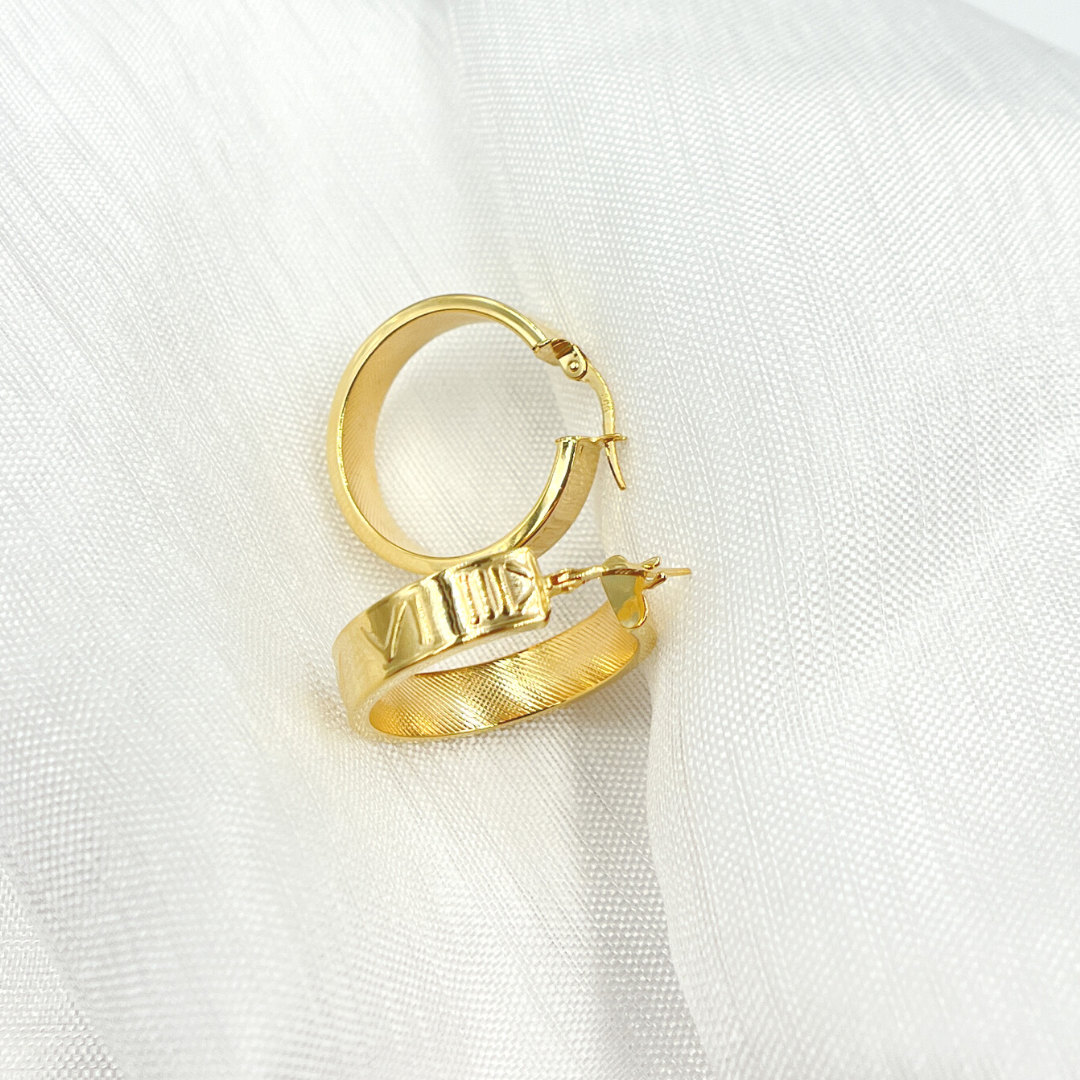 14K Solid Gold Hollow Flat Hoop with Roman Numbers