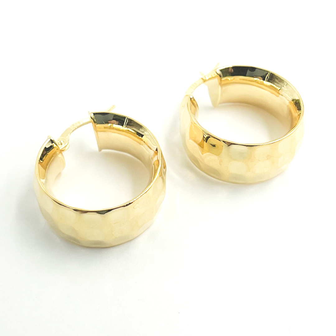 GER88. 14K Solid Gold Hammered Hoop Earrings