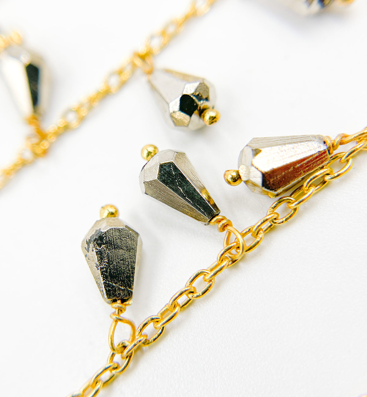 Steel Pyrite Drop Dangle Gold Plated Wire Chain.