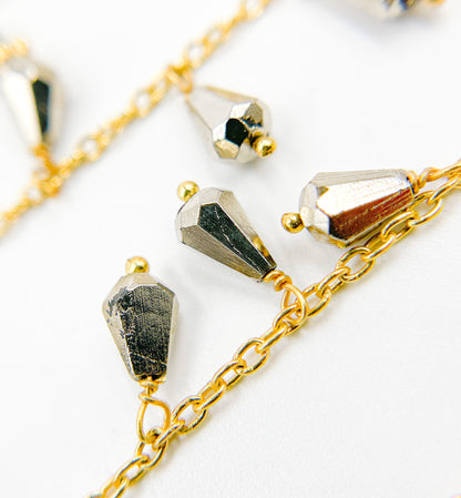 Steel Pyrite Drop Dangle Gold Plated Wire Chain.