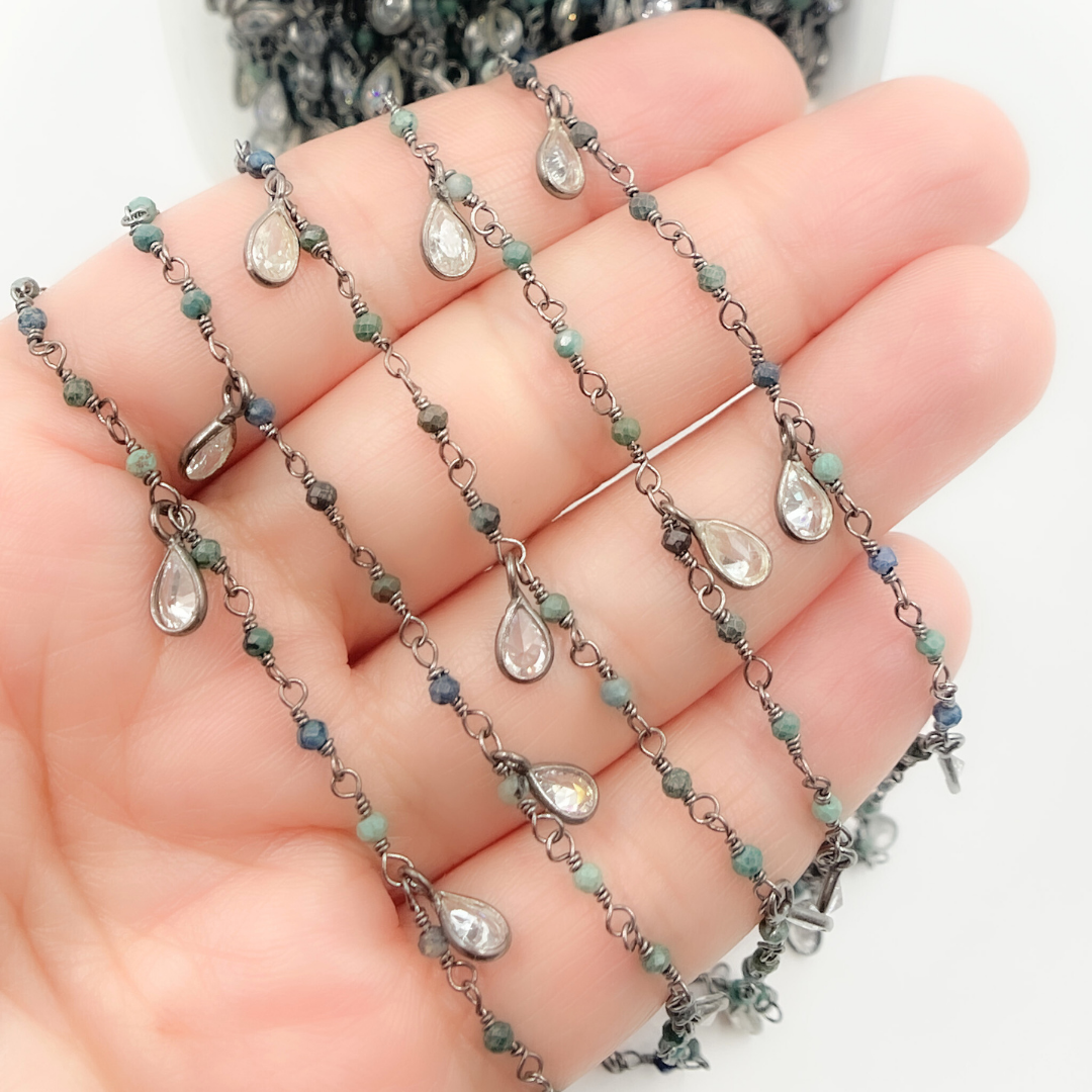 Chrysocolla & CZ Dangle Oxidized Wire Chain