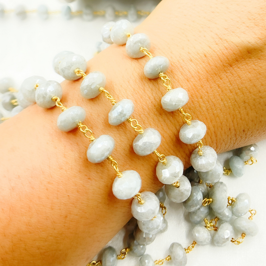 Coated Milky Aquamarine Faceted Rondel Gold Plated Wire Chain.