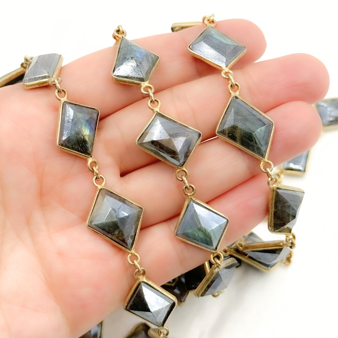 Coated Labradorite Rhomb Shape Bezel Gold Plated Wire Chain. CLB65